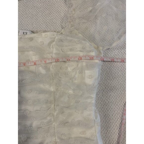 White Crop Top Small With Puff Sleeves Sheer Mesh Ruching Floral Lace - Picture 4 of 7